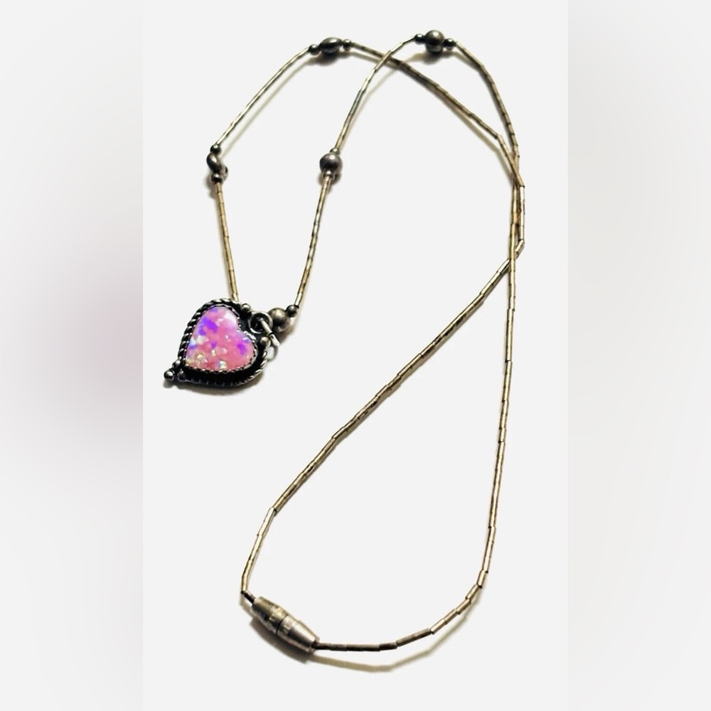 Designer Signed Opal Sterling Silver Heart Coquette Necklace